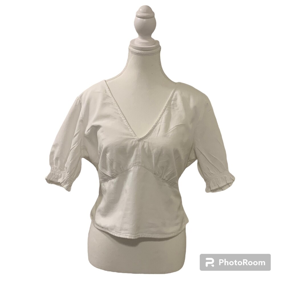 Abercrombie & Fitch Women’s White Cotton Puff Sleeve Open Tie-Back Top Large
